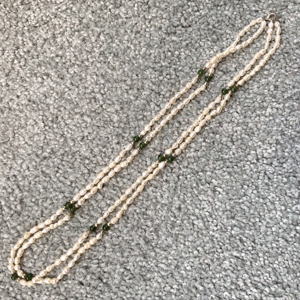 Vintage Faux Pearl & Jade Double Strand Necklace